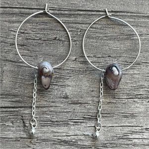 Sterling Sliver hoops earrings W/Genuine freshwater Biwa Pearl - Handmade New